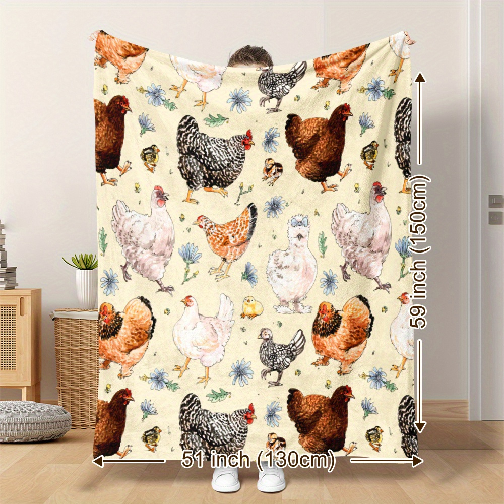 

Cozy Watercolor Chicken & Floral Print Blanket - Soft, Warm Flannel Throw For , Camping, Travel, And Home Decor - Perfect Gift , Family, And