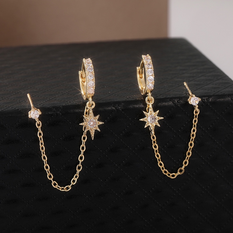 E-shop 1 Paar Damen Mode Kettenohrringe/Doppelpiercing Hängeketten Creolen/Glänzende Stern Synthetische Zirkonia Ohrringe