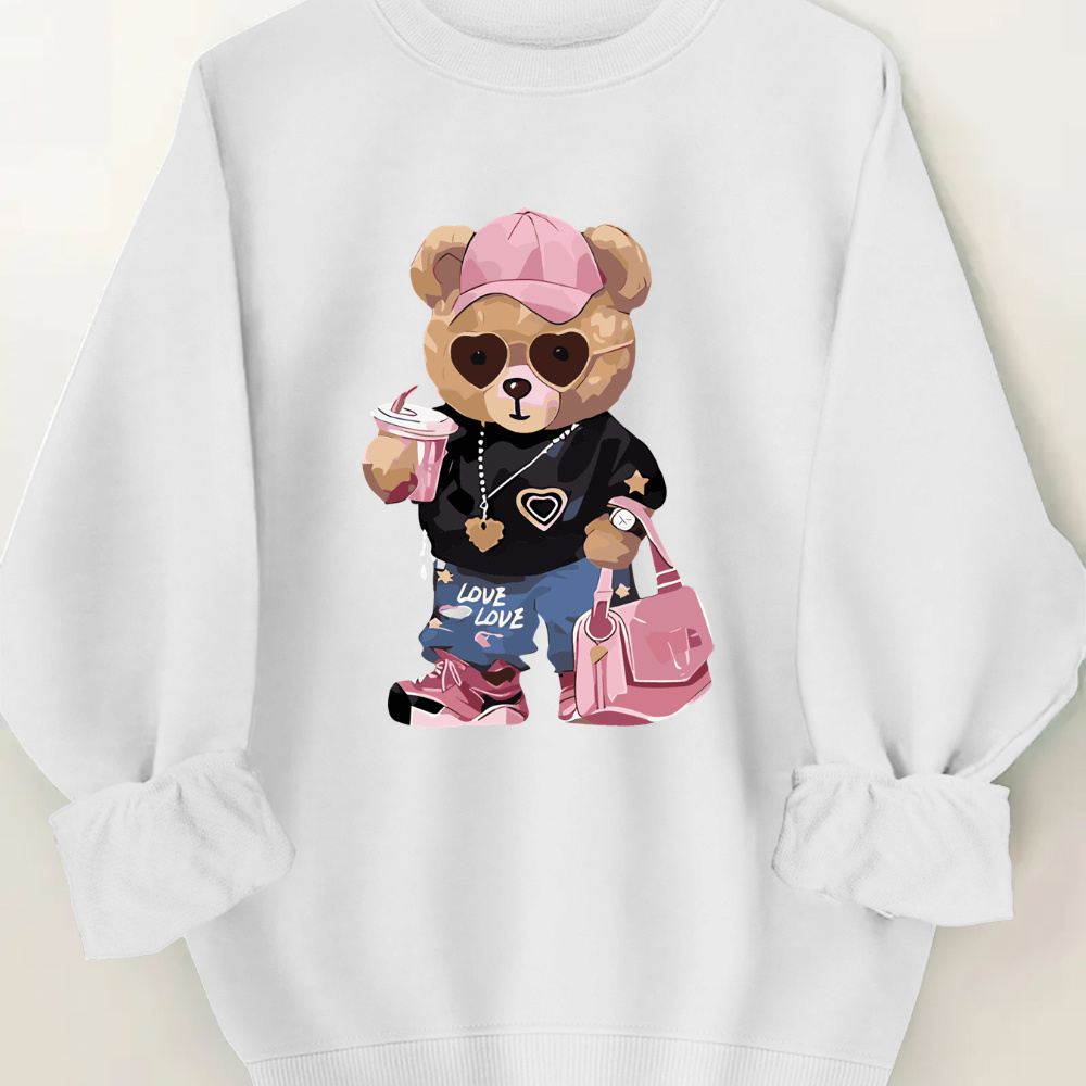 

Chic Cartoon Crew Neck Sweatshirt For Women - Cozy Long Sleeve, 100% Polyester Pullover With Hem, Fall & Winter