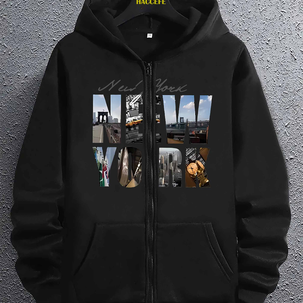 

New Graphic Men's Zip-up Hoodie - Casual Long Sleeve With Kangaroo Pocket, Polyester , Machine Washable - Fall & Winter