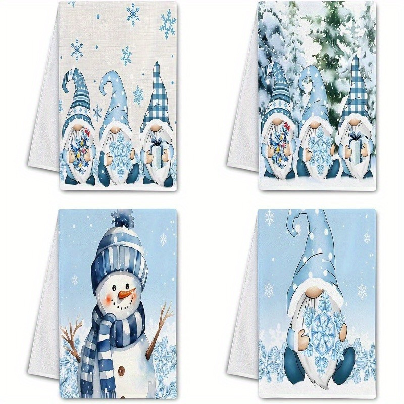 

4-pack 18x26inch Polyester Kitchen Towels, Contemporary Blue Snowman Design, Super Soft, Machine Washable, Cartoon Christmas Dish Cloths For Home Kitchen Decor And Gift