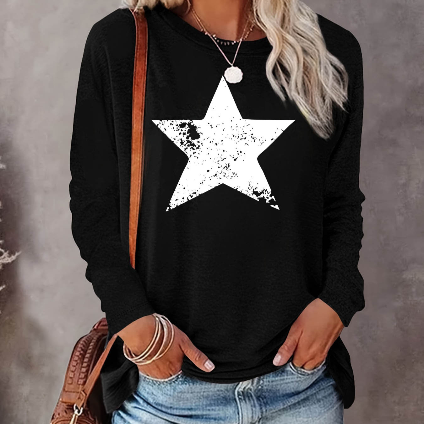 

Women's Chic Graphic Long Sleeve T-shirt - Cozy Stretch Crew Neck Top, Machine Washable, Spring & Fall