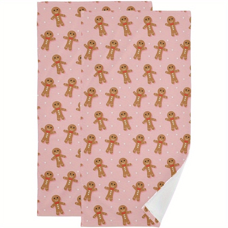 

2pcs Christmas Kitchen Towels, Pink Gingerbread Man Pattern, Soft Polyester, Contemporary Style, Rectangular, Themed, Machine Washable, 18x26 Inches