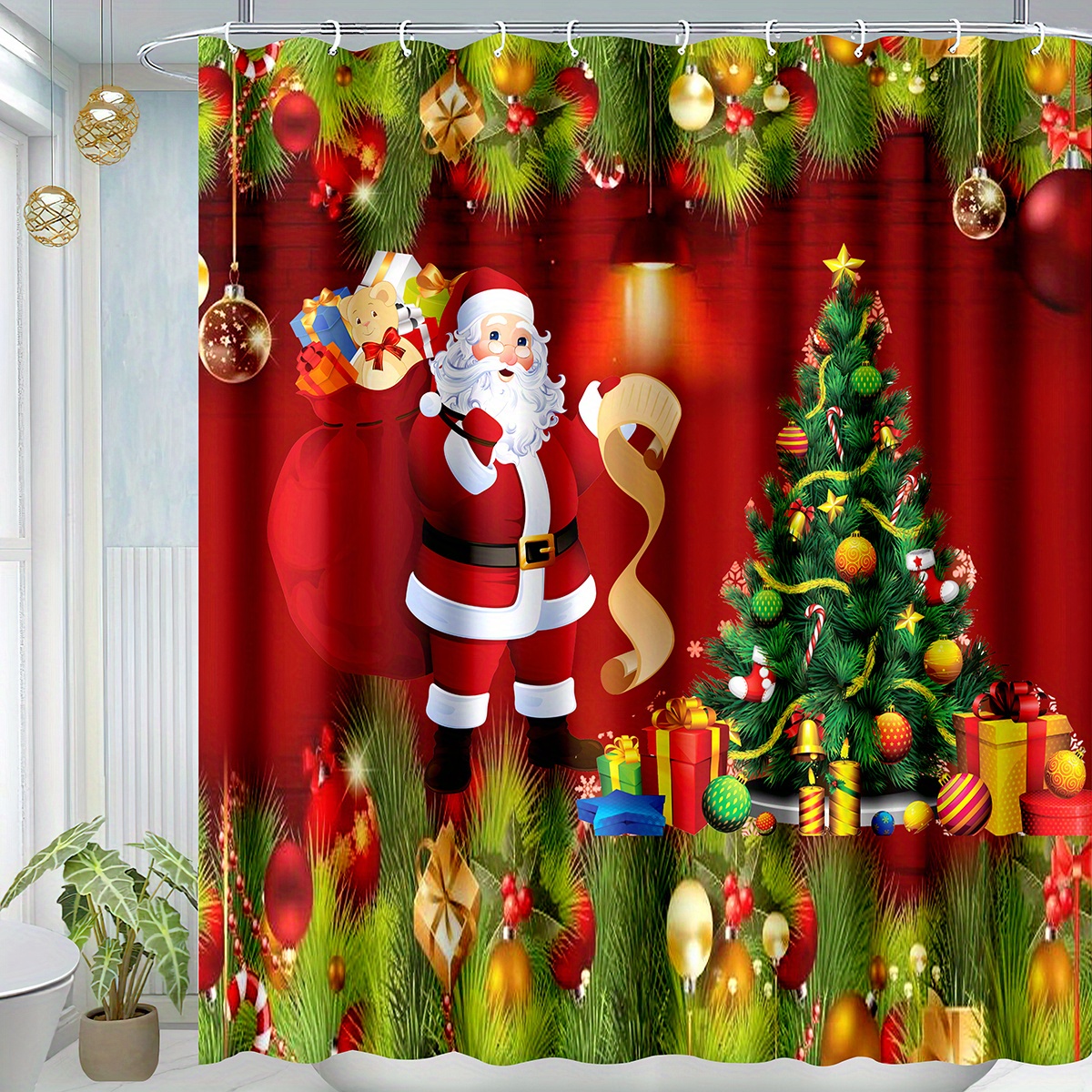 

Santa Claus & Christmas Tree Shower Curtain - Waterproof Polyester With Hooks, Bathroom Decor, 70.86x70.86 Inches, Christmas Decor