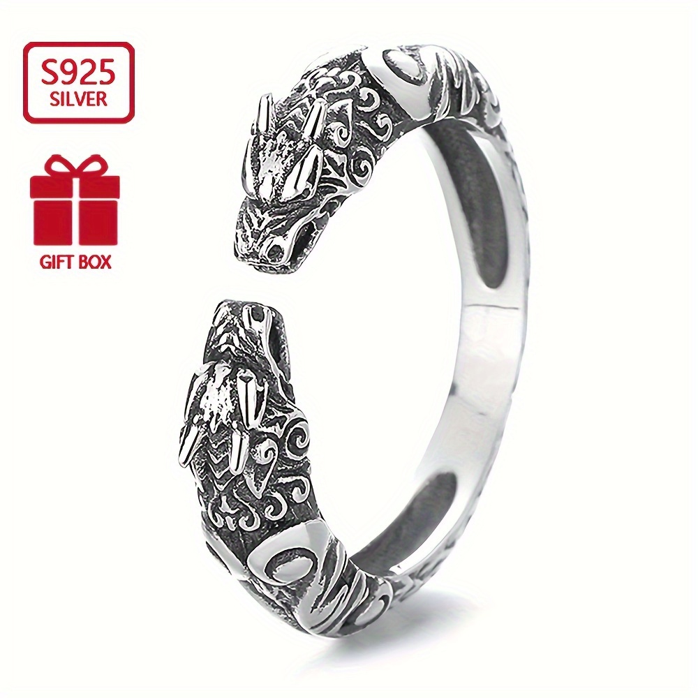 TEMU Bague Bracelet Unisexe Style Antique Réglable Double Tête - S925 Argent Pur, Anneau à Extrémité Ouverte, Non Plaqué - Cadeau Banquet, Couple