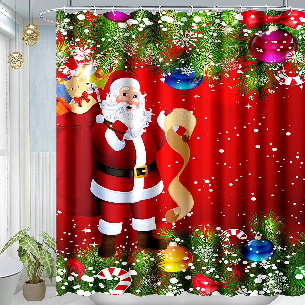 

Santa Claus Christmas Shower Curtain - Waterproof Polyester With 12 Hooks, Bathroom Decor, 70.86x70.86 Inches