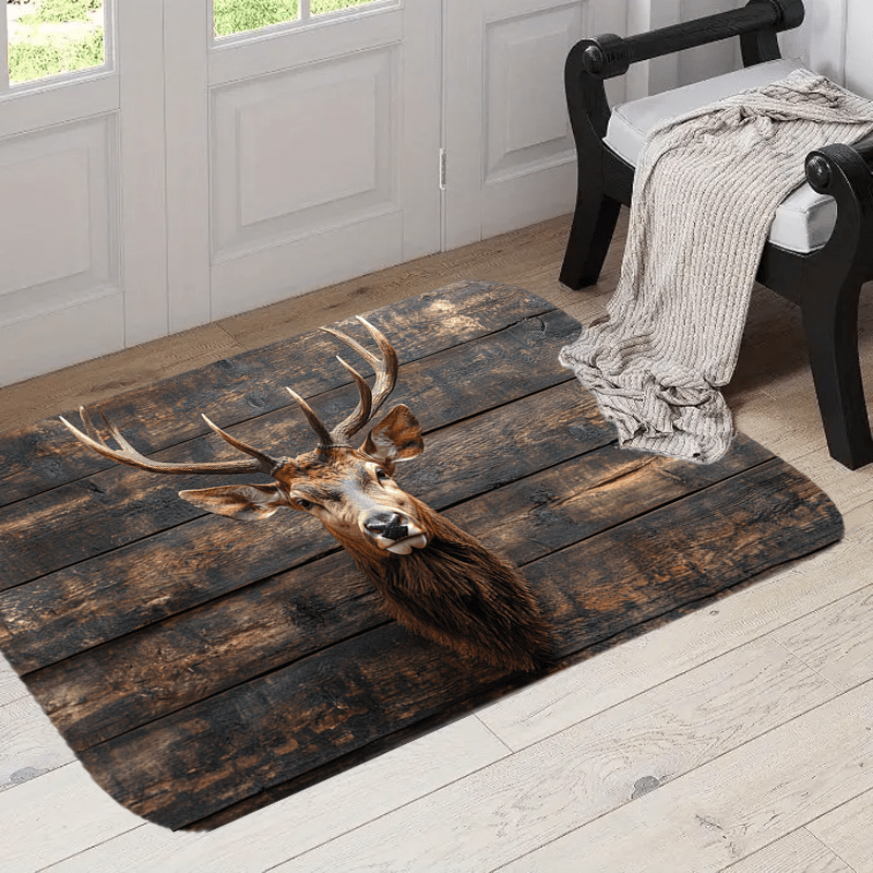 

1pc Rustic Stag Head Carpet, Polyester, Wooden Background, Nature-inspired Door Mat, Long, Machine Washable, Home & Kitchen Decor, Christmas Gift Idea