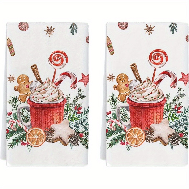 

Merry Christmas Kitchen Towel Set - 2pcs, Polyester, Machine Washable, Gingerbread For Man & Berries Design, Holiday