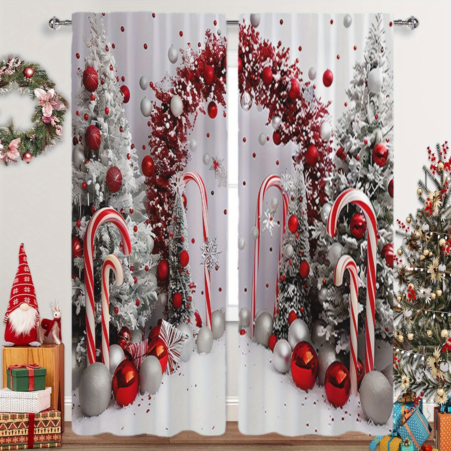 

Christmas Curtains - 2pcs Polyester Rod Drapes , Wreath, And - , -, - For , , - Decor