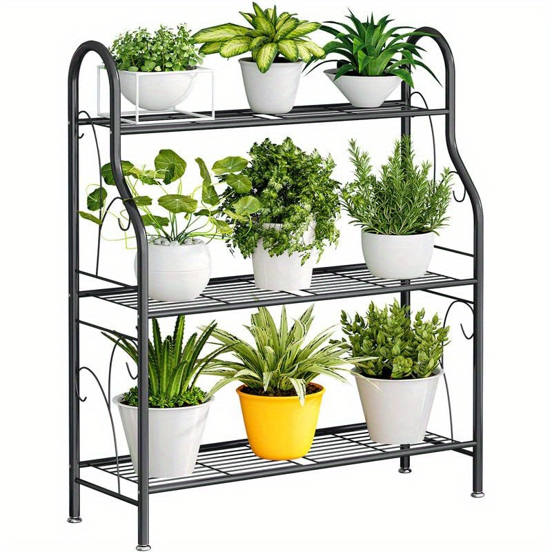 TEMU Spacious 3-tier Black Metal Plant Stand - Waterproof & Rust-resistant, Space-saving Design For Indoor/outdoor Use, Ideal For Living Room,