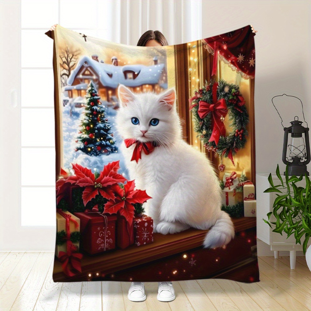 

Cozy Christmas White Cat Print Flannel Throw Blanket - Soft, Warm, And Couch, Bed, Office - Comfort