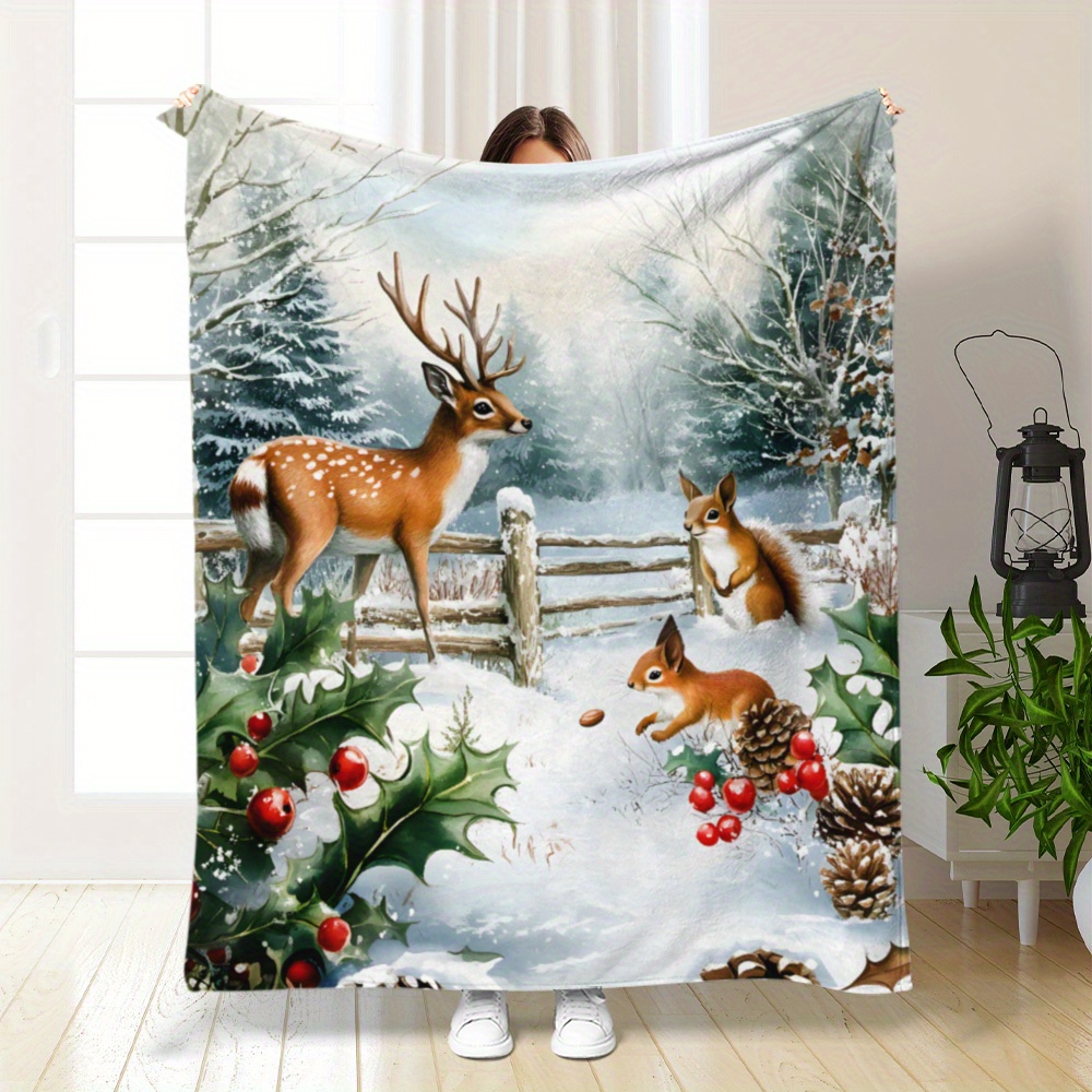 

1pc Christmas Deer And Squirrel Printed Blanket, Soft Flannel Blanket, Sofa Throw Blanket Nap Blanket For Office Home Couch Bed Sofa