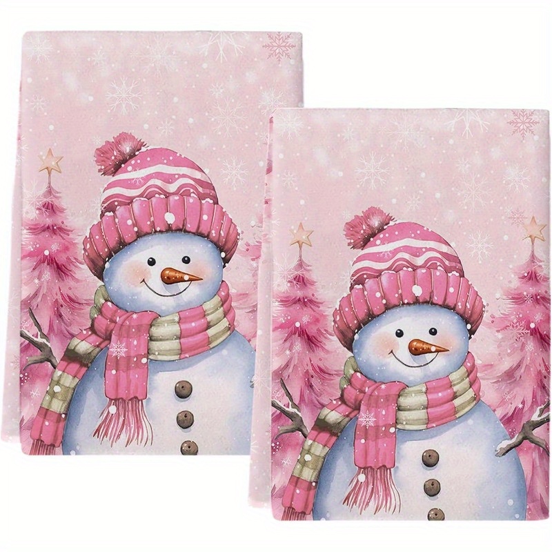 

2pcs 18x26inch Pink Snowman Christmas Tree Kitchen Towels, Super Soft Polyester Dish Towel Set, Quick Dry Absorbent Bar And Tea Towels, Cartoon Style Decor