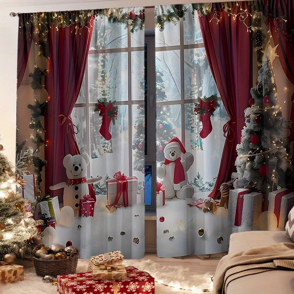 

2pcs Set Christmas Decorative Curtains - Warm, Easy-hang Rod Pocket Room & Holiday Parties - Polyester, Machine Washable