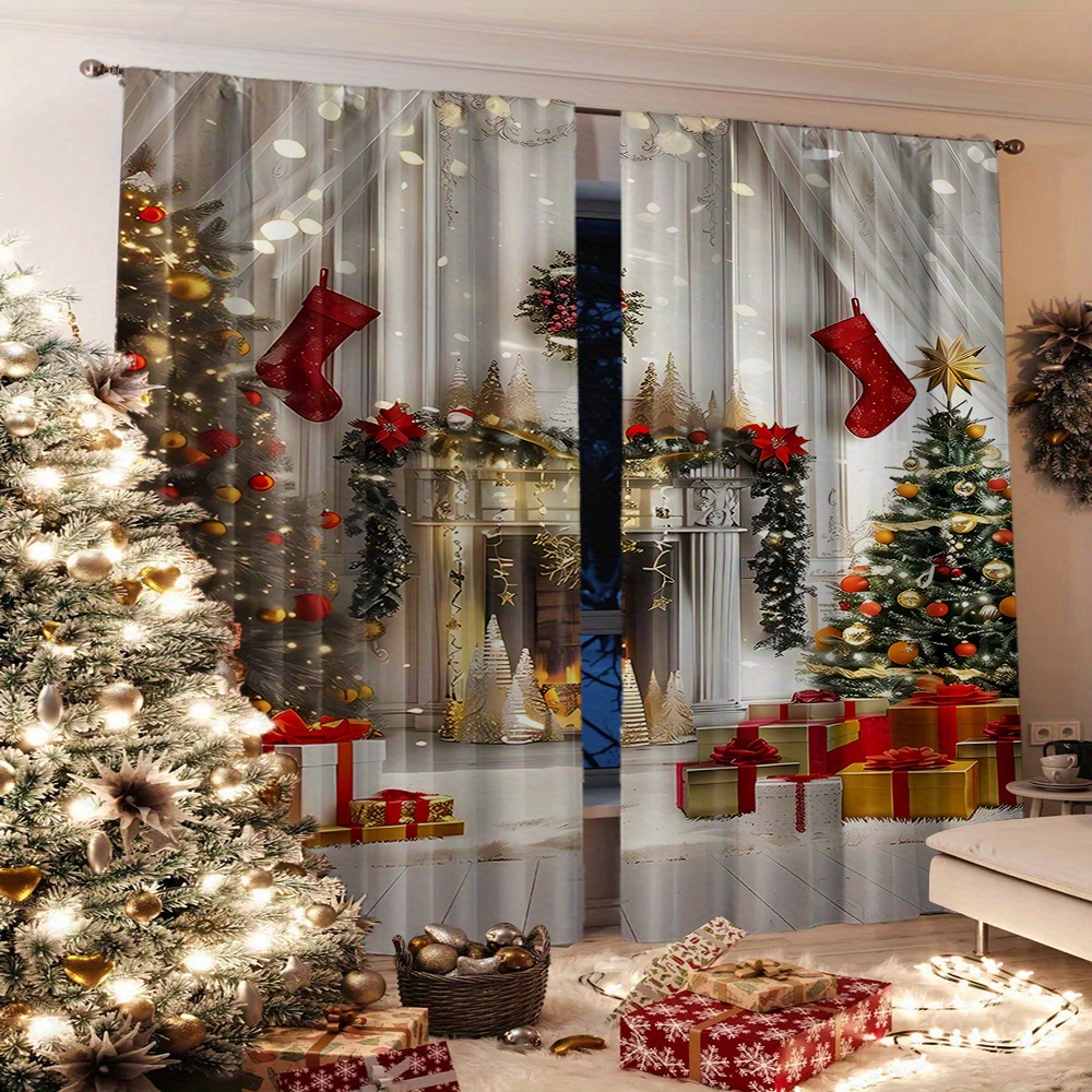 

2pcs Christmas Curtains, Fireplace & Tree Print, Contemporary Style, Easy To Hang, Machine Washable, Polyester, Window Drapes For Home Decor, Holiday Party Decorations, No Pole Included