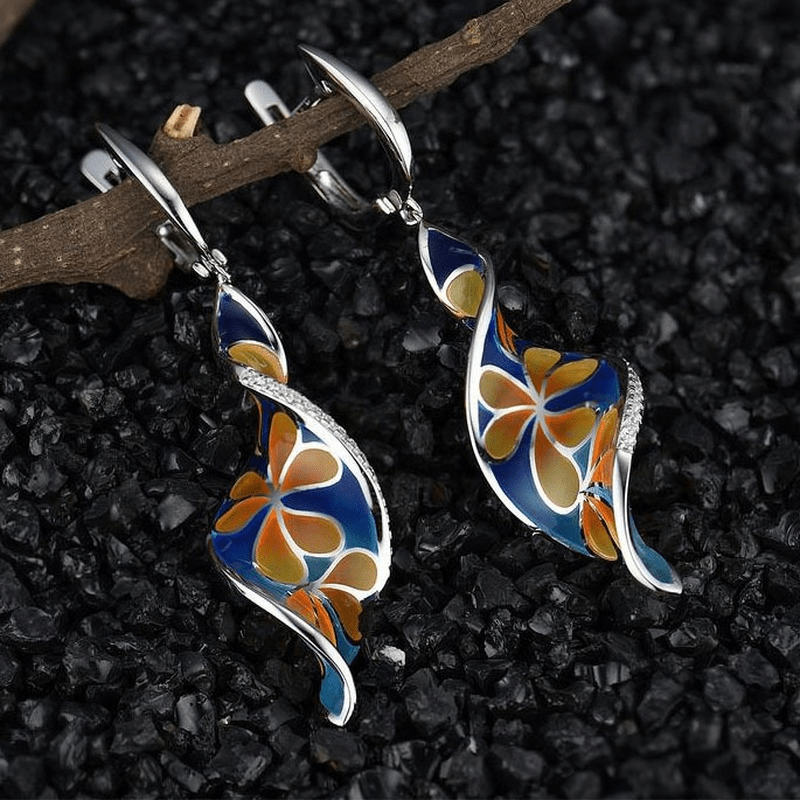 E-shop Modische Spiralblatt Emaille Cloisonne Blumen Lange Anhänger Ohrringe für Damen Elegante Retro Schmuck