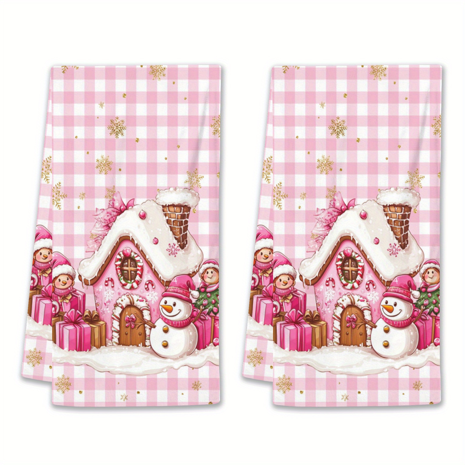 

2pcs Christmas Kitchen Towels - , Absorbent Polyester With House & Snowman Design, Golden Snowflakes On Buffalo Check Background - Holiday Decor