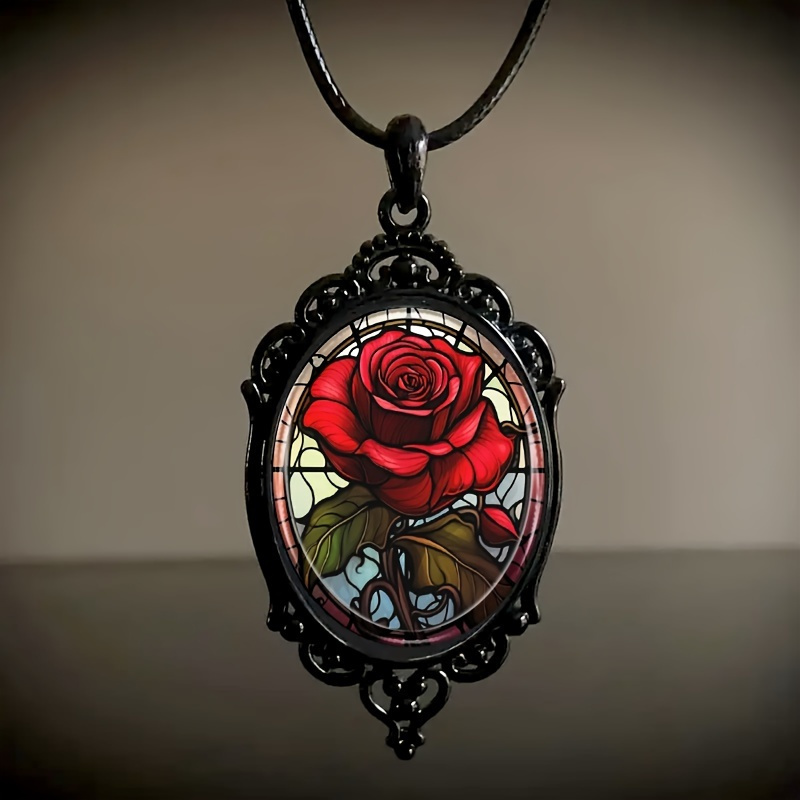 

1 Elegant Oval Glass Pendant Necklace With Pattern And Black Frame, Vintage Romantic Jewelry Gift