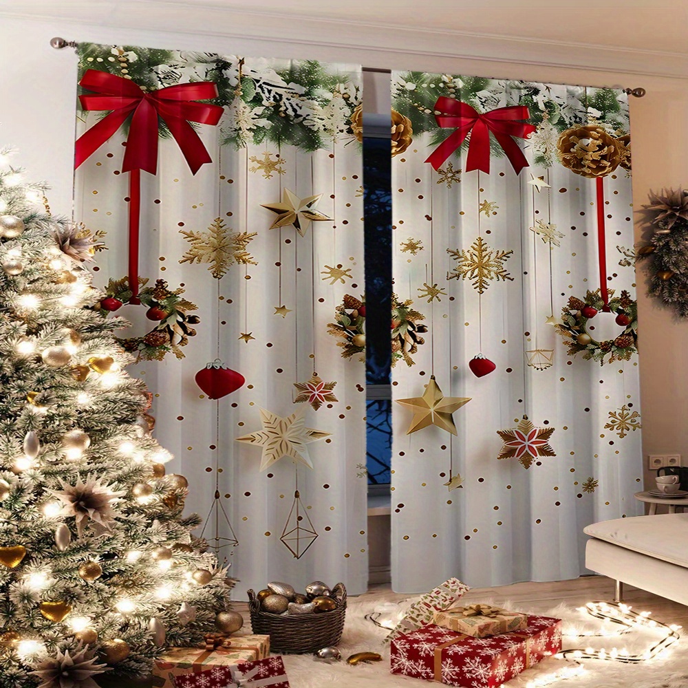 

2pcs Christmas Pine Decorative Curtains, Polyester, Machine Washable, Suitable For Bedrooms And Living Rooms, Home And Christmas Decoration