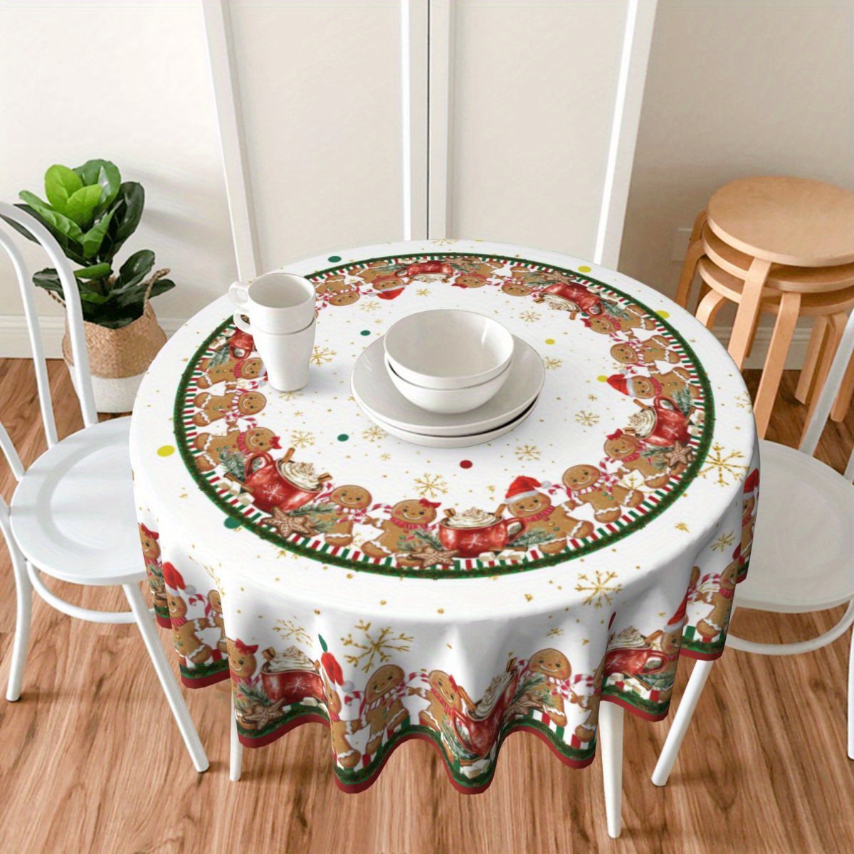 

Festive Gingerbread & Snowflake Round Tablecloth - Christmas, Holiday Parties & Dining Room Decor, Christmas Decor