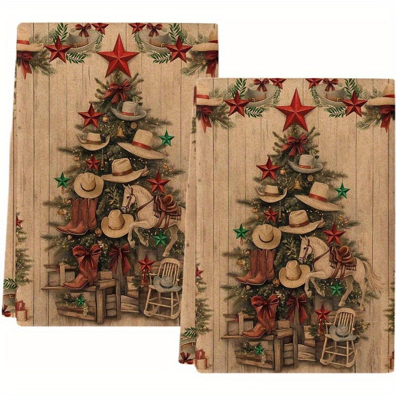 

2pcs 18*26inch Christmas Art Christmas Cowboy Hat Christmas Tree Towel Dish Towel Bar And Tea Towel Set, Super Towel Dry Dish Cloth