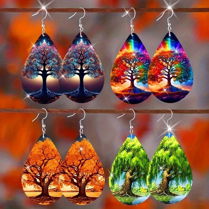 

4 Pairs Of Tree Dangle Earrings, Boho Teardrop Wooden Earrings, Double Sided Printed Hook Earrings, Minimalist Jewelry, Gifts For Girls