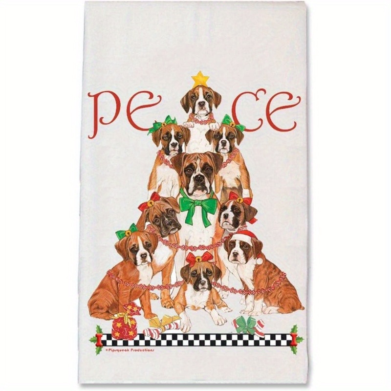 

Boxer Dog Christmas Kitchen Towel, Super Soft Polyester, Woven Modern Cartoon Themed Dish Cloth, Machine Washable, Holiday Pet Gift, Merry Peace - 1pc 18x26 Inches