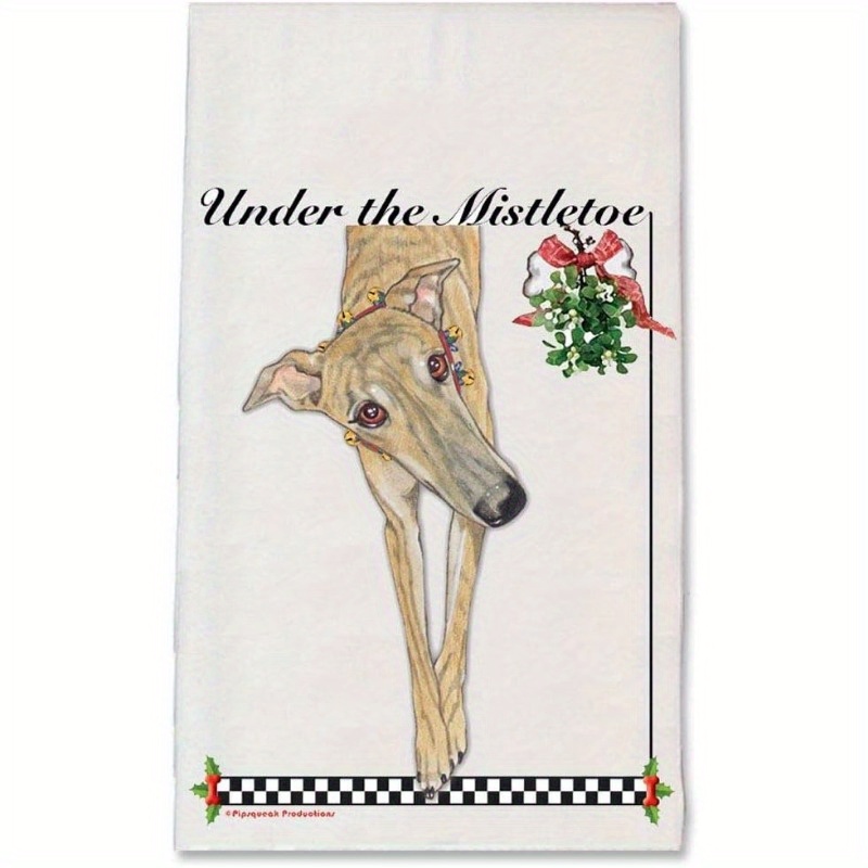 

Merry Christmas Greyhound Kitchen Towel - Polyester, Machine Washable, Cartoon Animal Theme, Gift For Pet Lovers, 18x26 Inches