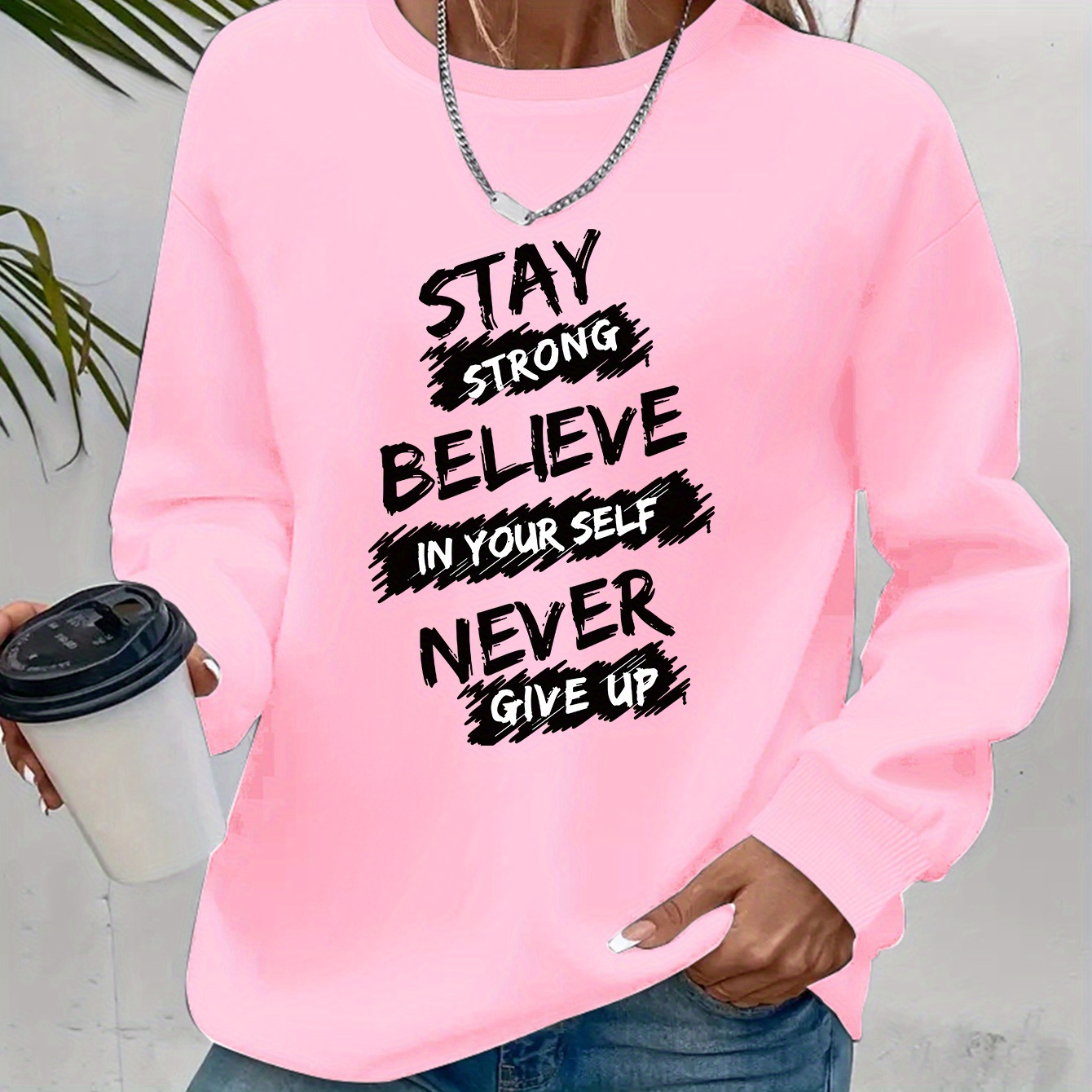 

Motivational Quote Neck Sweatshirt, Casual Polyester Knit Fabric Pullover, 100% Polyester, 250gsm, For Women, Spring/fall Inspirational Graphic Sweater