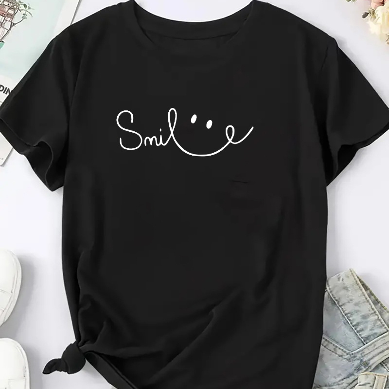 

Women's Plus Size Casual T-shirt, "smile" Print, Short Sleeve, Lightweight Stretch Tee, Round Neck, Polyester, All , Fashionable Oversized Top