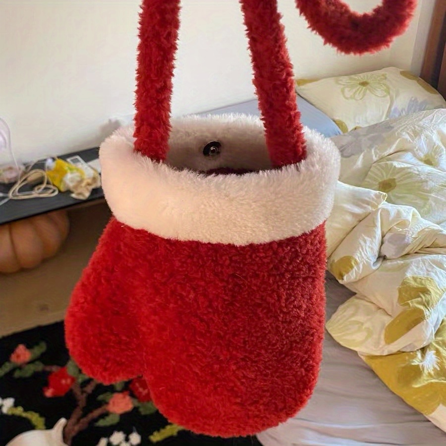 

Vintage-inspired Fuzzy Glove-shaped Shoulder Bag With Plush Trim - Chic Polyester Handbag For Fall/winter Season, Non-feathered, Elegant Accessory For Thanksgiving And Christmas