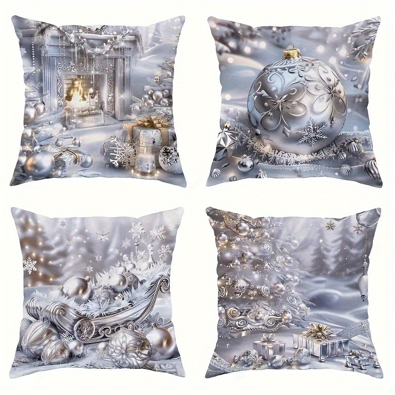 

A Set Of 4 Silvery Christmas Pillowcases, , Washable, , Pillowcase, Suitable For , Bedroom, Sofa Bed Decoration -