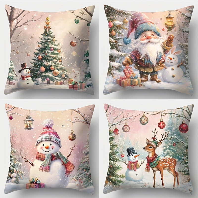 

Set Of 4 Vintage Style Christmas Pillow Covers With Pink Theme – Woven Polyester Christmas Tree, Santa, Snowman, And Reindeer Design Zippered Cushion Cases For Living Room Decor, Machine Washable