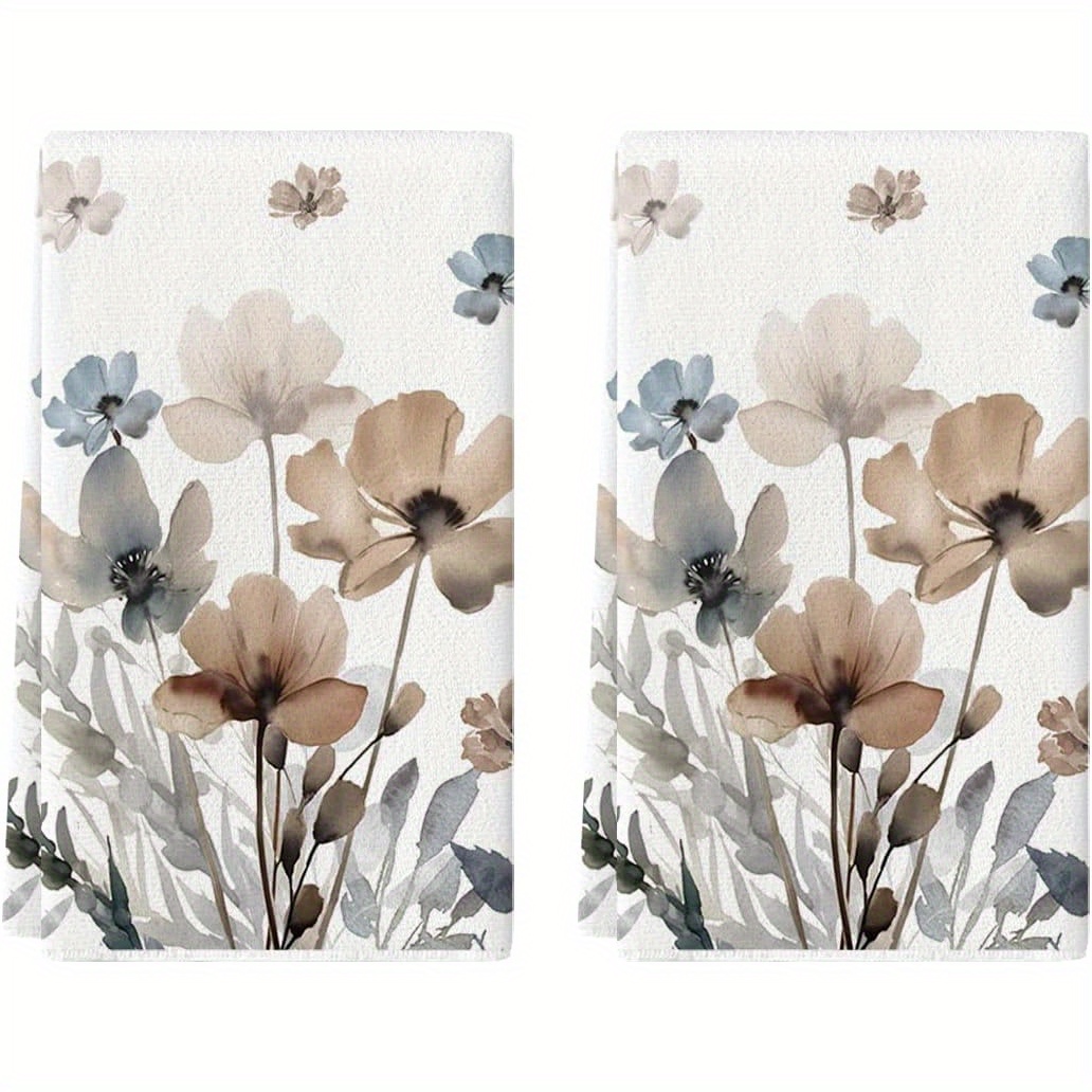 

Brown Poppy Floral Leaves Fall Kitchen Towels Dish Towels, 18x26 Inch Seasonal Summer Decoration Hand Towels Set Of 2