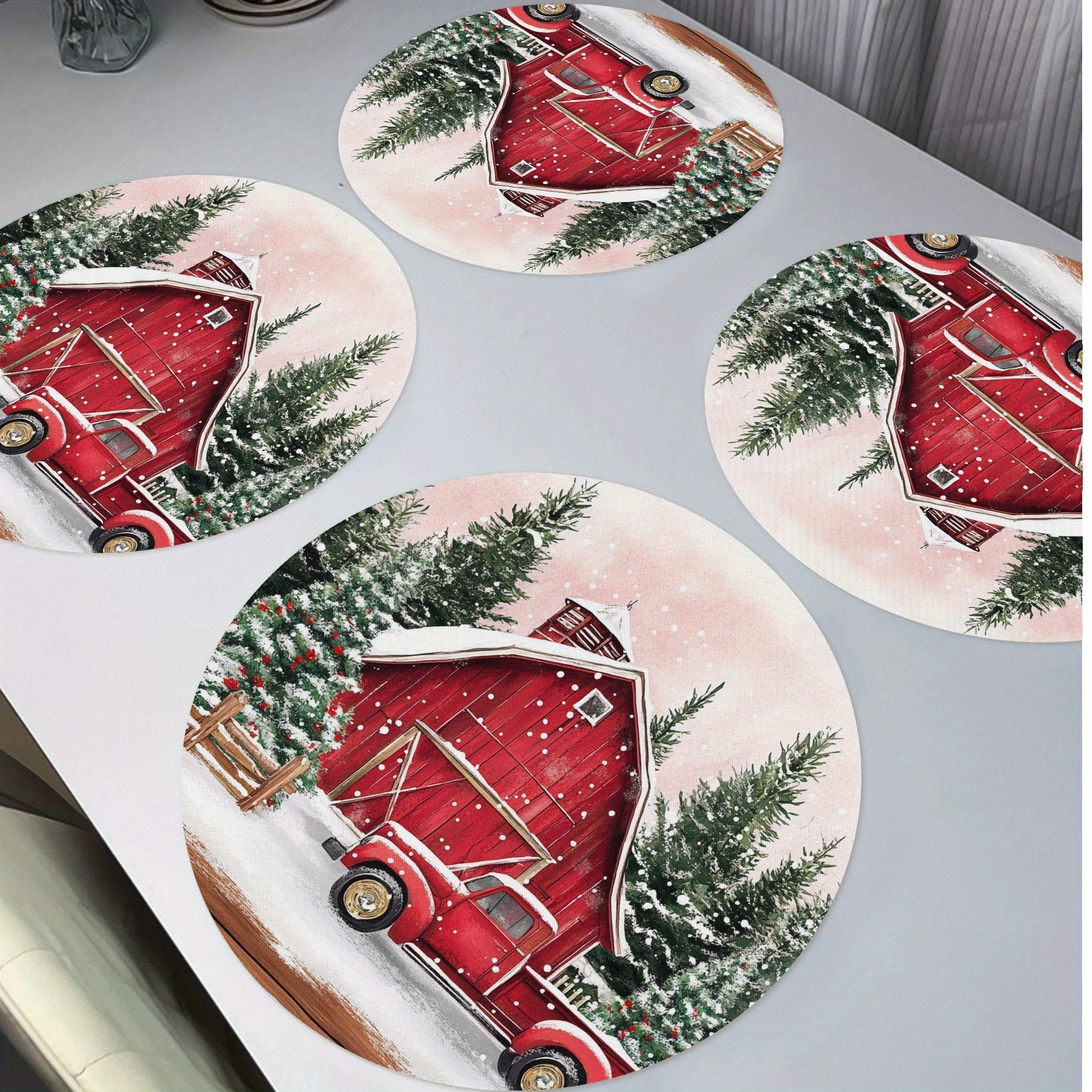 

4pcs Christmas House Placemats, Non-slip, Washable, Knitted Polyester, Round Table Mats For Home Decor, Banquet Party Dining Table Decoration 15