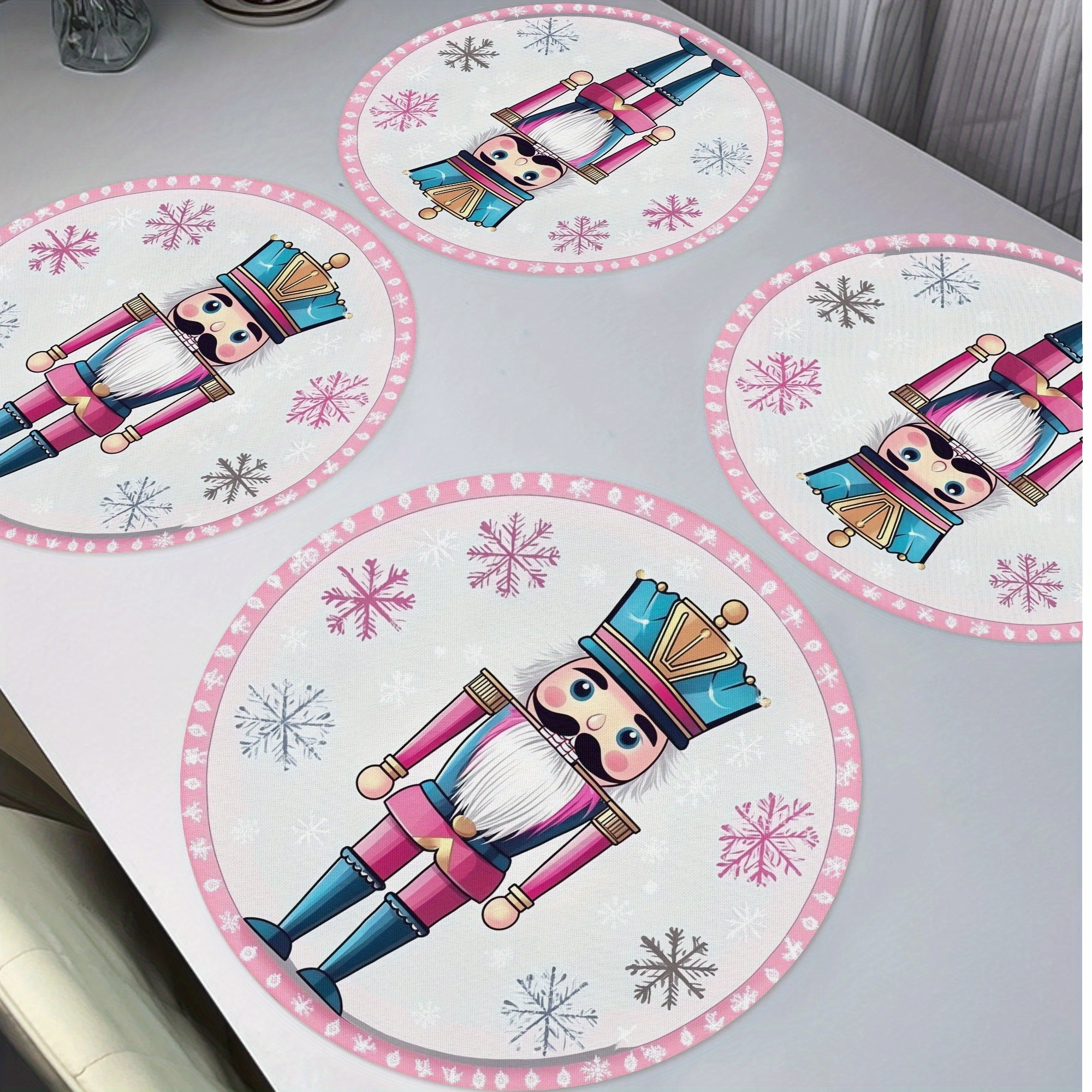 

4pcs Merry Christmas Nutcrackers Round Placemats, Pink Snowflake Lace Winter Seasonal Non-slip Washable Heat Resistant Table Mats Place Mats 15" For Party Kitchen Dining Christmas Decoration