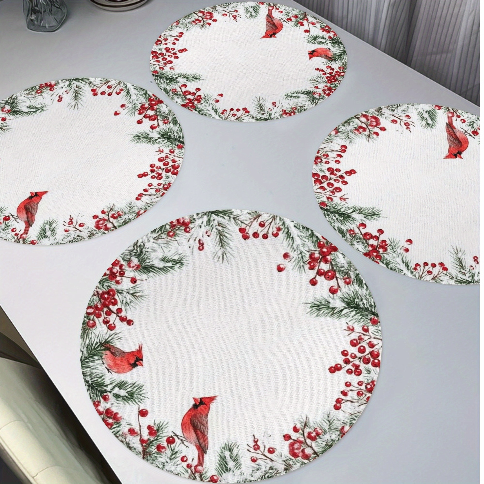 

4pcs Red Birds Berry Wreath Christmas Round Placemats, Lace Winter Seasonal Non-slip Washable Heat Resistant Table Mats Place Mats 15" For Party Kitchen Dining Christmas Decoration, Best For Christmas