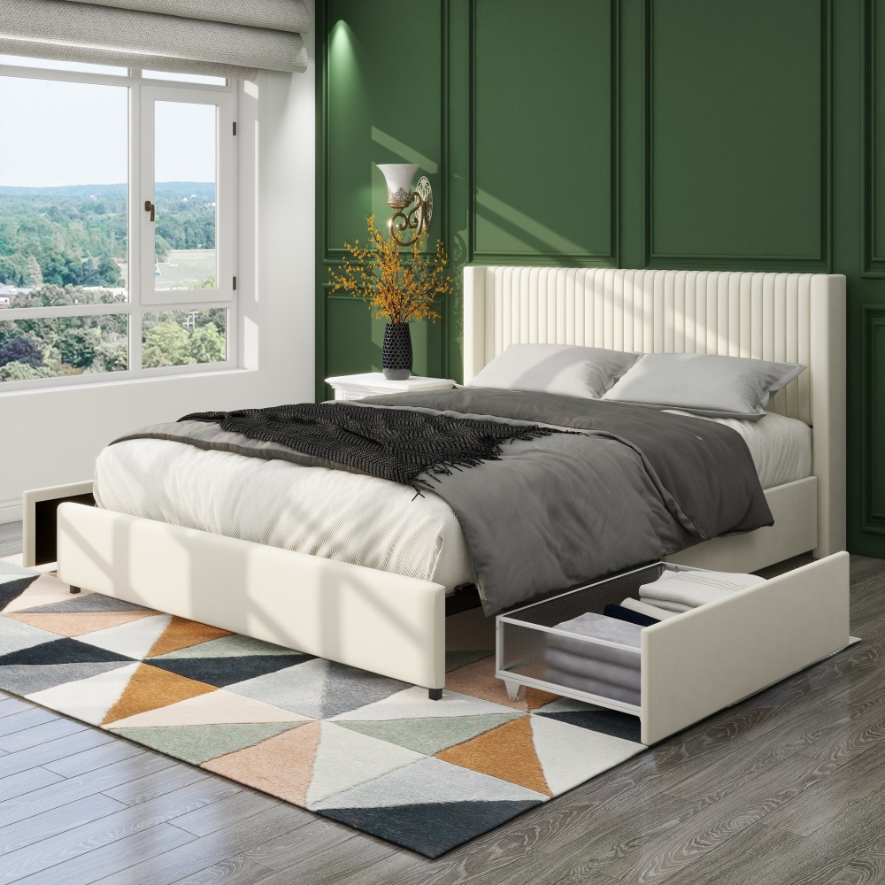 

Queen Size Ivory Velvet Upholstered Wingback Platform Bed With 2-drawer Storage, Headboard With Tight Channel, Wooden Slat Support, Spring Needed