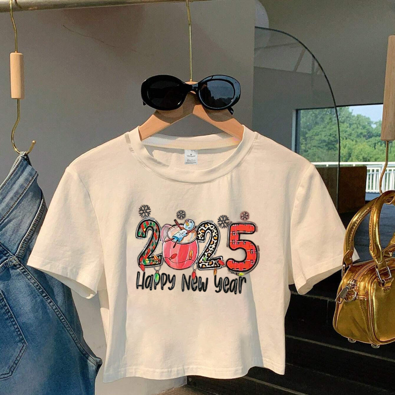 

2025 Happy New Year Print Y2k Short Sleeve T-shirt For Women - Geometric Pattern, Polyester, Fitted, Knit Fabric, Round Neck, Short Length, Wear