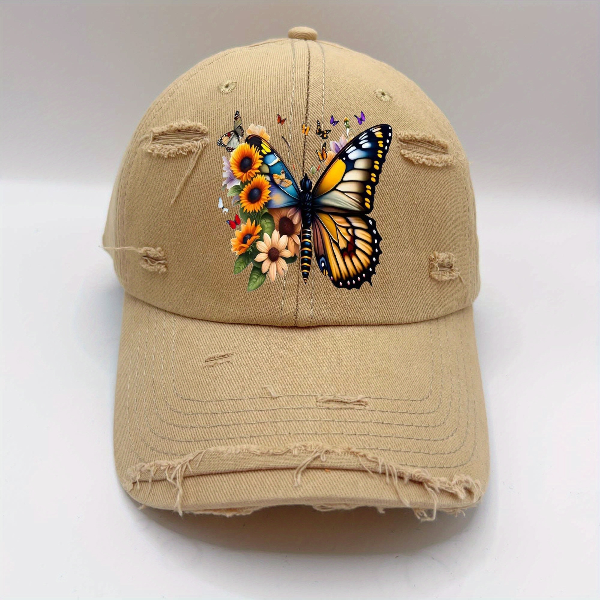 

Vintage Distressed Sunflower & Butterfly Print Baseball Cap - Adjustable Cotton Hat With For Outdoor Sun Protection, Urban Style, Machine Washable