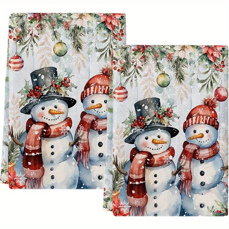 

2pcs Set Red Snowman Christmas Kitchen Towels - , Quick Dry Dish Cloths With Design, Machine Washable Polyester Hand Towels For Holiday Decor