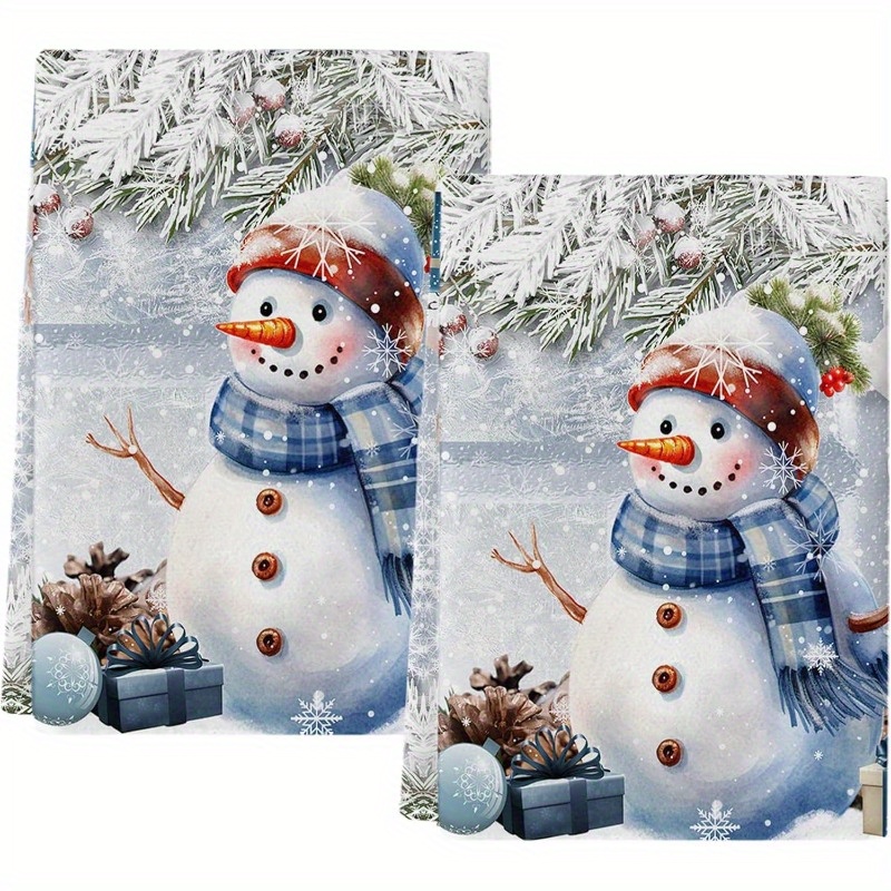 

2pcs 18x26inch Blue Snowman & Design, Polyester Kitchen Towel Set, Modern Cartoon Dish Towel, Quick Dry, Machine Washable, Towel For Home & Bar Use