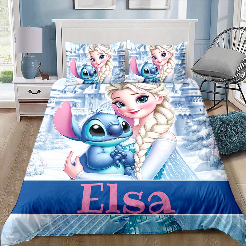 

Housse de couette personnalisée 3D avec nom, motif princesse Elsa et point de croix, pour la décoration de à coucher, cadeaux d' et de Noël (1 housse de couette + 2 taies d'oreiller, noyau)