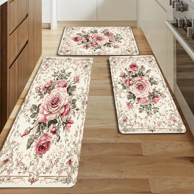 

Jit Polyester Floral Kitchen Mats Set - Anti-slip, Oil-resistant & Machine Washable Floor Rugs, Strong Absorption Bath Mats With 1.2cm Thickness - For Bathroom, Kitchen, Home Entrance