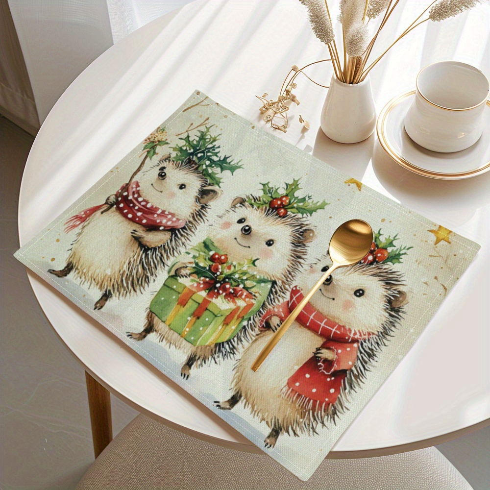 

Hedgehog Christmas Placemats (4pcs Set) - Stain & Heat Resistant, Machine Washable Polyester Table Mats For Holiday Dining & Kitchen Decor