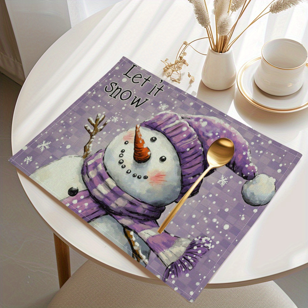 

4pcs Christmas Theme Placemats - Cartoon Purple Snowman & Pattern, Stain Resistant Dining Table Pads, Machine Washable, Kitchen Tabletop Protection, Christmas Home Decor