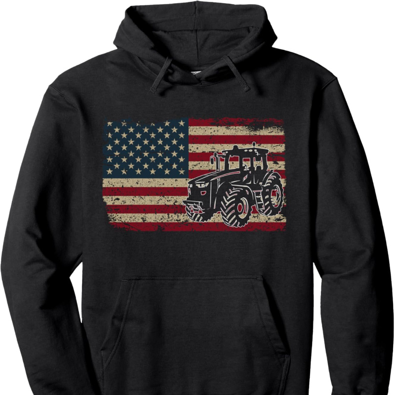 

Farm Tractors America Flag Hoodie I Patriotic Farming Gift Pullover Hoodie - Fashionable Cut With Front Pouch Pocket, For