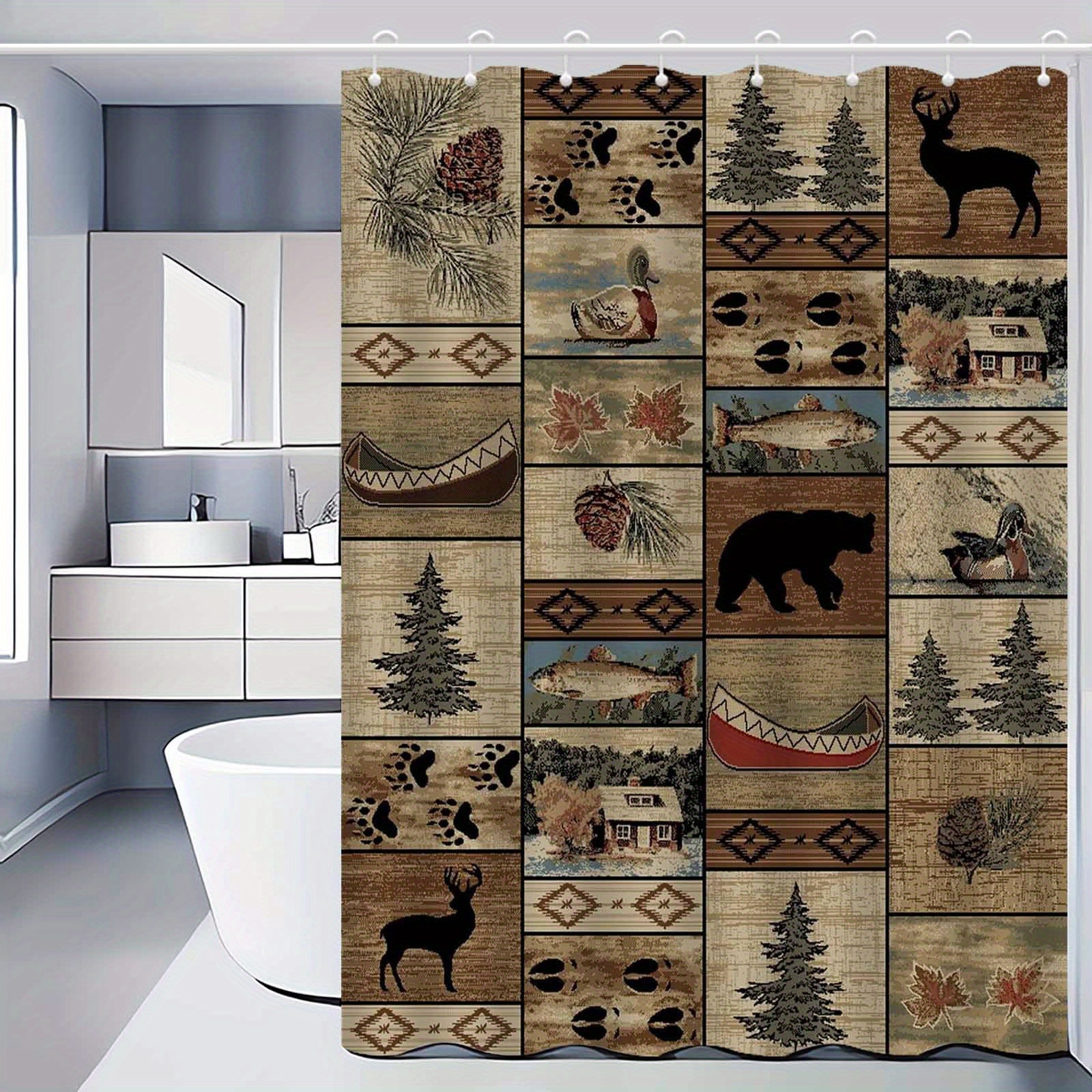 

Rustic Pattern Bath , Elegant Fog-resistant Water-repellent Bathroom Screen With Hooks, High-end Knit Polyester Shower , Artistic Woodland And Design For Bath Decor