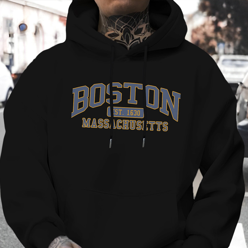 

Boston Letter Print Hoodie - Casual, Long Sleeve, Knit, Polyester, Regular Fit, No Detail, Fall/winter Season