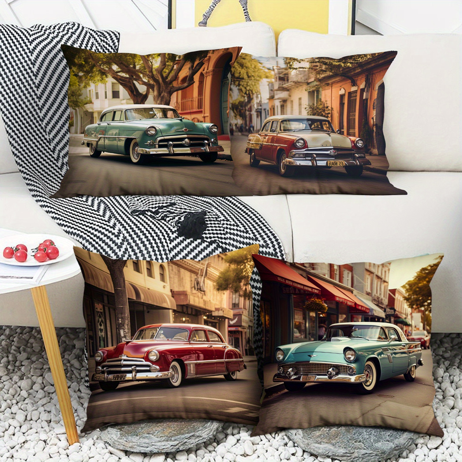 

Vintage Polyester Throw Pillow Covers Set Of 4, Color Woven Zippered Cushion Cases For Office, Bedroom, Living Room, And Patio - Contemporary Style, Machine Washable